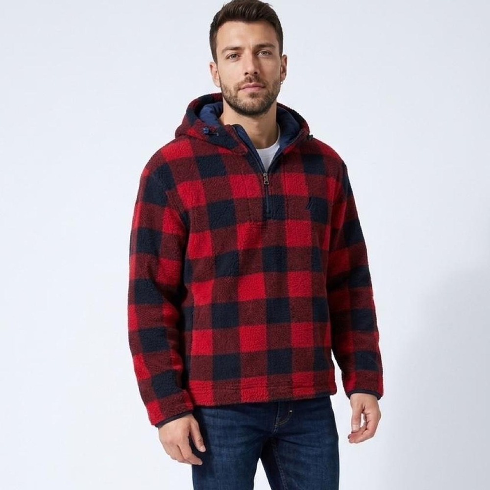 #Nautica red and black plaid fleece jacket with hood. Size M